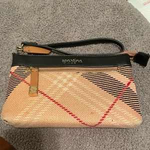 Spartina 449 Women’s Wristlet Red Black Plaid Leather Zip bag tan red black